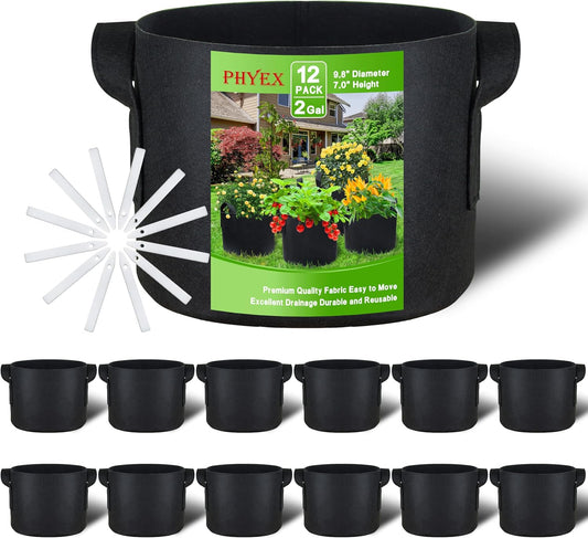 PHYEX 12-Pack 2 Gallon Grow Bags - Heavy Duty Fabric Pots with Handles for Vegetables, Herbs & Flowers