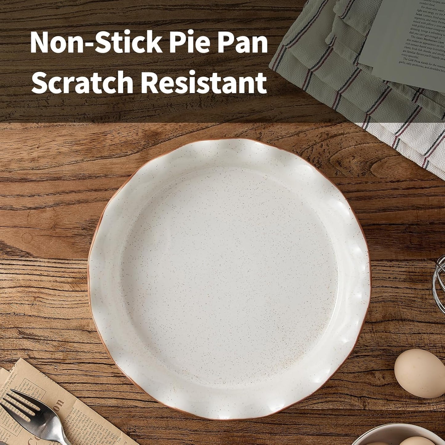 SIDUCAL Non-Stick Ceramic Pie Pan - 10.5 Inch Ruffled Edge, Dishwasher & Oven Safe, White