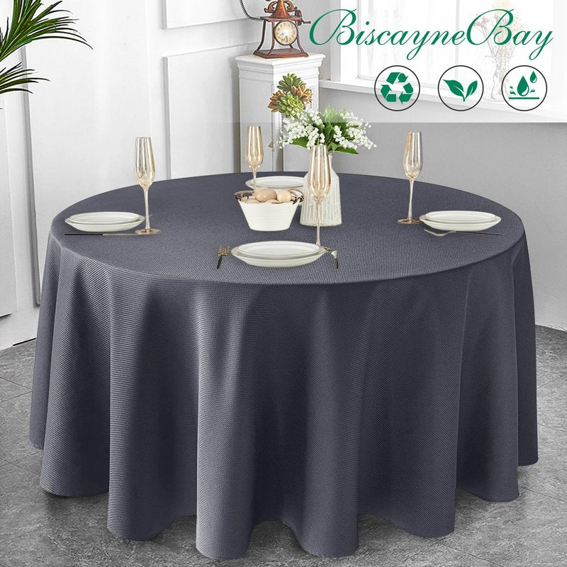 Biscaynebay Textured Fabric Round Tablecloths 108", Light Blue Water Resistant Table Cloth Circle Folding Table Covers Linen for Dining, Kitchen, Wedding, Parties etc. Machine Washable