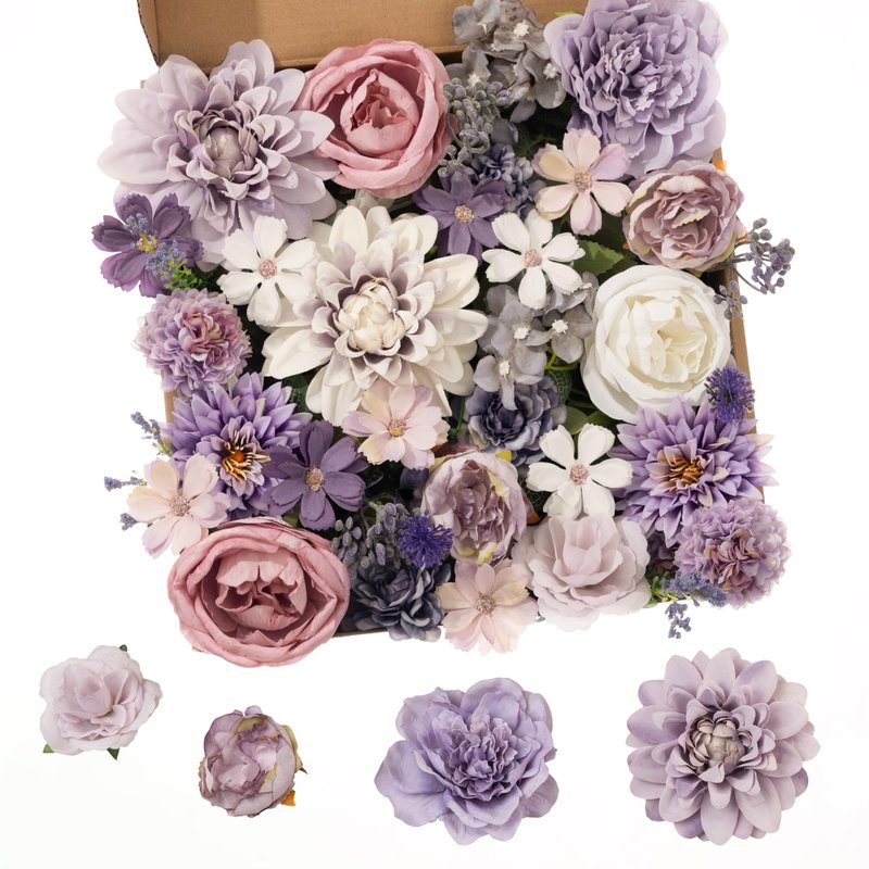 Khyxvbcd 30 Pcs Artificial Flowers Combo Purple Flowers Mix Silk Flowers Dahlia Roses with Stems for DIY Wedding Bridal Bouquets, Baby Shower, Floral Arrangement, Table Centerpieces, Home Decorations