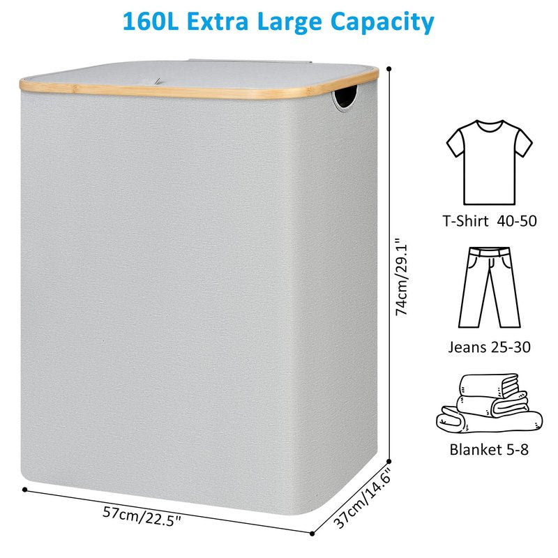efluky Laundry Basket with Lid, 160L Tall Laundry Basket with Bamboo Handles for Clothes and Toys, Laundry Hamper with 2 Inner Bags for Bedroom, Bathroom and Laundry Room, Dove Gray