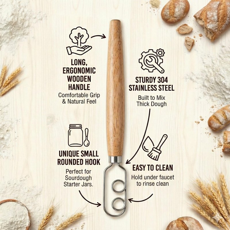 Sourdough Starter Stirring Hook and Dough Whisk | Small Size to Fit in Jars | Improve the Mixing Standard Of Your Starter For Better Baking Results | New England Sourdough Starter Co.