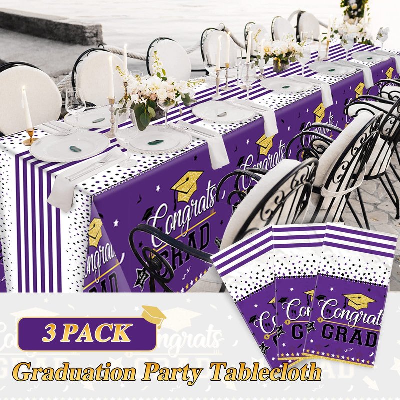 Graduation Tablecloth Party Decorations, 3 Pack Class of 2026 Congrats Grad Purple Graduation Party Tablecover Rectangle Plastic Table Cloth Disposable Table Covers Party Supplies, Large Size 54"x108"
