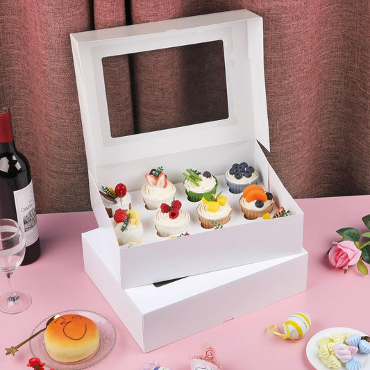Svalor Cupcake Boxes, 4 Pack Disposable Cupcake Containers, Food Grade Cupcake Carrier 12 Count with Window and Inserts, Cupcake Transport Holders Bulk for Muffins Cookies Treats Dessert（White）
