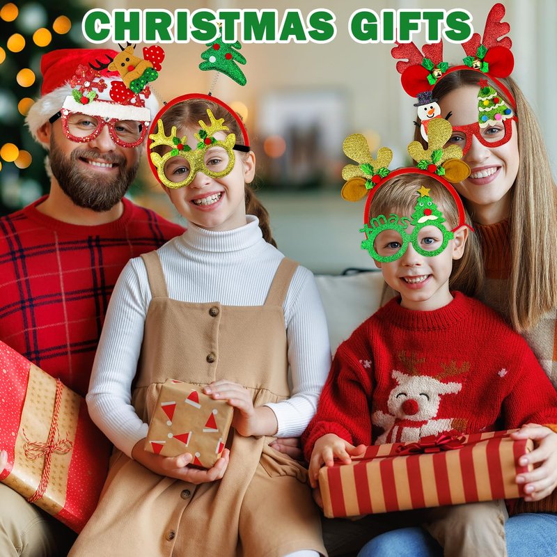 Christmas Glasses & Headband 12 Pack, Xmas Glitter Eyeglasses Frame & Headwear Accessories - One Size Fits All, Holiday Party Favor Supplies Classroom Game Prizes Gifts Photo Booth Props Outfit