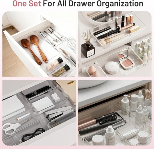 Clear Plastic Drawer Organizer Bins by [Brand Name] - 8 Pack Heavy-Duty Storage Trays for Kitchen & Bathroom