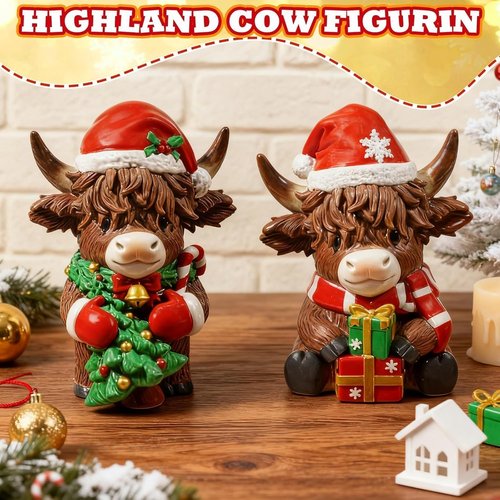 Exasinine Highland Cow Figurines - Festive Christmas Decor with Santa Hat & Candy Cane | 2 Pcs for Home & Office