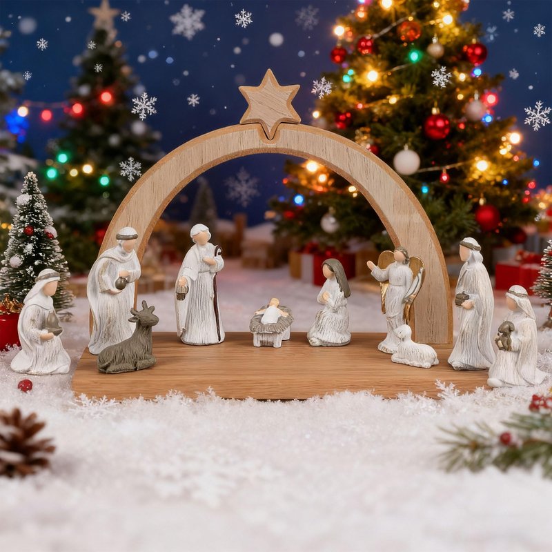 Treewoll 11 Pcs Christmas Scene Nativity Set, Holy Family Scene with Wooden Arched Stable and Resin Figurines Including Baby Jesus, Mary, Joseph and More, Religious Collections for Home Tabletop Decor