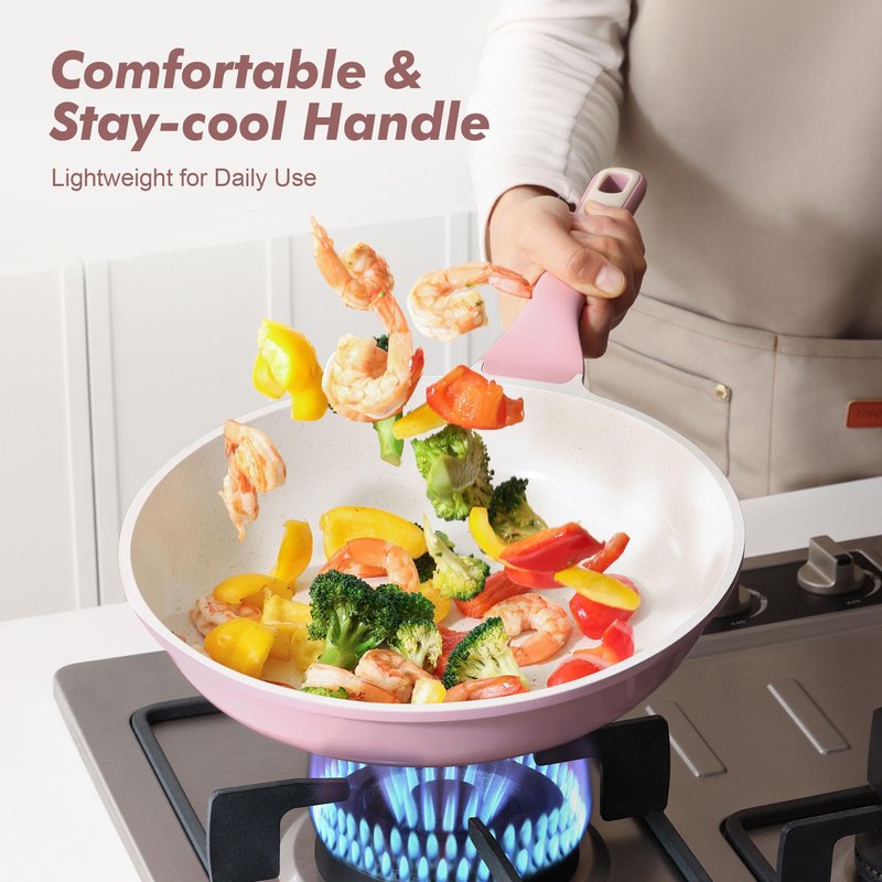 SENSARTE Nonstick Ceramic Frying Pan with Lid 9.5 Inch Omelet Pan Skillet, Free of Intentionally Added PFAS/PTFE Non-toxic Chef's Pan Induction Compatible Pan, Heat Resistant Handle, Sakura Pink