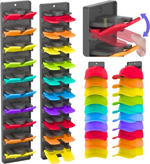 Hat Organizer - Regine Baseball Cap Holder with Built-In Spring Clips | Adjustable Wall Mount Rack for Closet & Door
