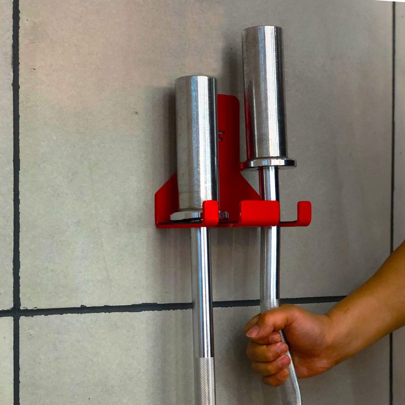 Olympic Barbell Hanger,Garage Gym Bar Wall Rack,Vertical Barbell Mount Rack,Space Saving Commercial or Home Gym Accessory,Holds Under 33mm Bar Size (Red 2 Hooks)