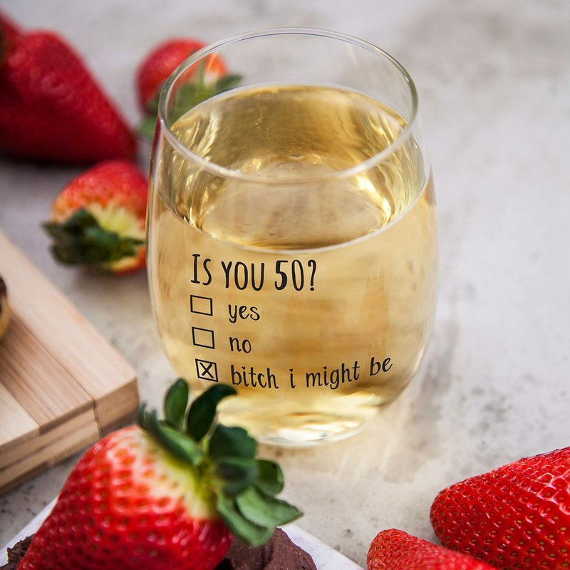 Gelid 50th Birthday Gifts for Women and Men Wine Glass - Funny Is You 50 Gift Idea for Mom Dad Husband Wife – 50 Year Old Party Supplies Decorations for Him, Her - 15oz
