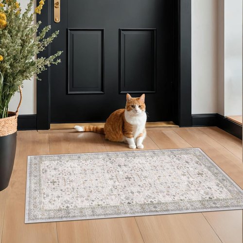 Boho Bathroom Rug by Light Grey | Modern Vintage Floral Design - Washable Non-Slip 2x4 Area Rug