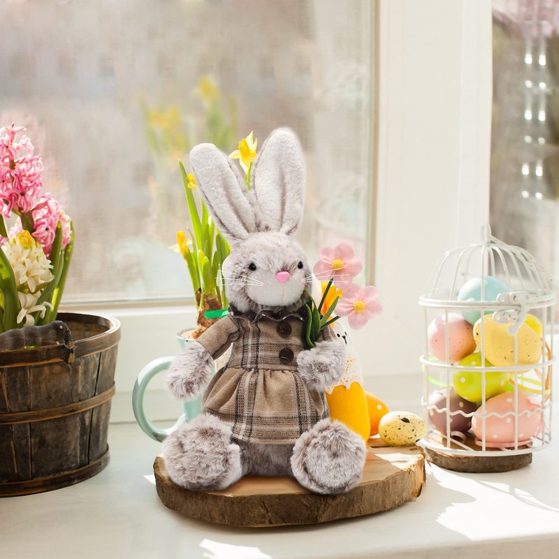 Juegoal 2 Pack Easter Bunny, 12.6" Handmade Huggable Rabbits Couple, Easter Basket Rabbits, Cute Bunny Party Favor Figurine, Spring Tabletop Holiday Room Decorations