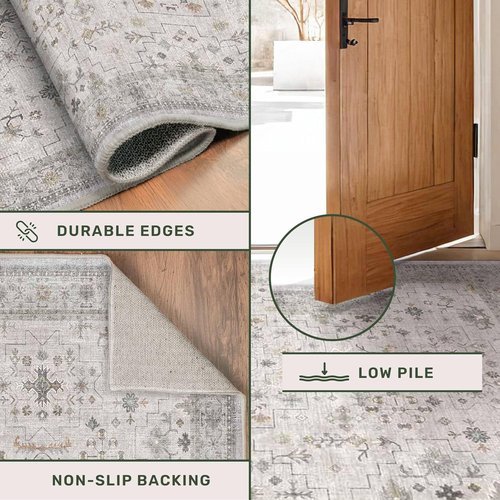 Hazo Haus Boho Light Grey Living Room Rug - Modern Vintage Floral Design, 6x8 Washable Non-Slip Area Rug