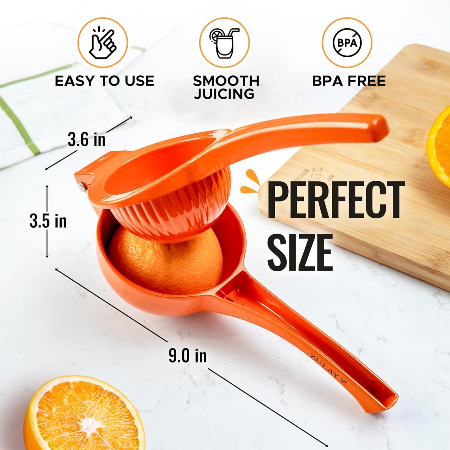 Zulay Kitchen Premium Metal Orange Squeezer - Heavy-Duty Citrus Juicer for Maximum Juice Extraction | Ergonomic & Dishwasher Safe (Orange)