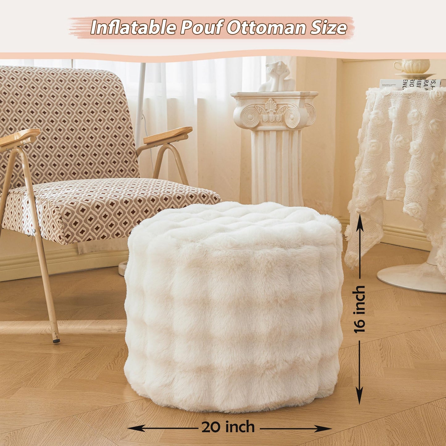 LIFEREVO Faux Rabbit Fur Round Inflatable Pouf Ottoman, 20 X 16 Waffle Bubble Fluffy Fuzzy Floor Poufs Foot Rest for Adults Kids Girls, Furry Pouf Chair Foot Stool Couch Home Decor, Anti-Slip, Beige
