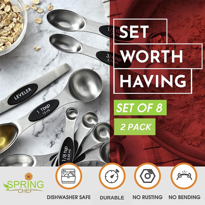 Spring Chef Magnetic Measuring Spoons Set, Dual Sided, Stainless Steel, Fits in Spice Jars, Pine Green, Set of 8, 2 Pack