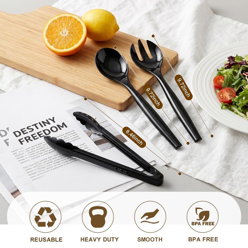 Dualshine 24 Pcs Disposable Black Plastic Serving Utensils,8 Set Including 9.72" Plastic Serving Spoons, Forks and 8.46" Tongs, for Dinner Parties, Buffets,Banquets, Events, Weddings, and Daily Use