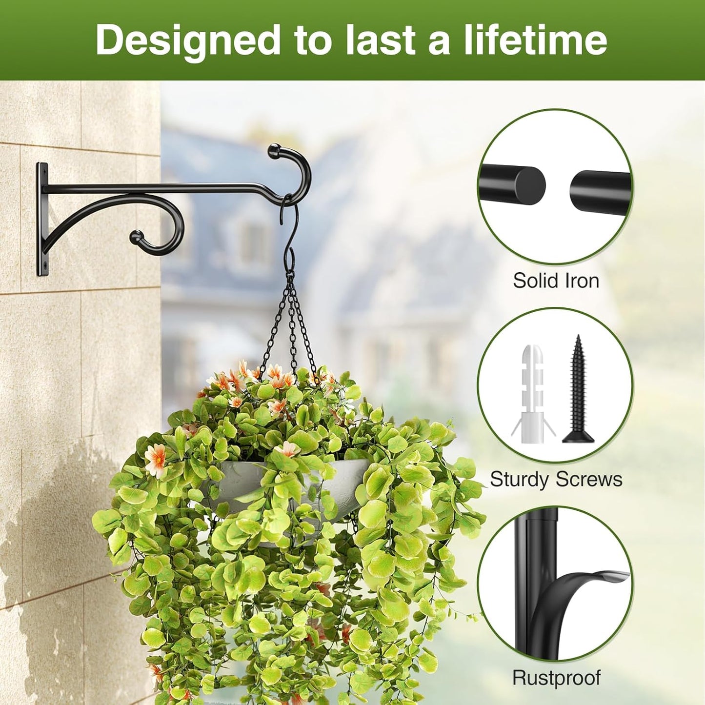 Skiennix 8-Inch Planter Hooks - Durable Metal Plant Hanger for Indoor/Outdoor Use | Black, 2-Pack