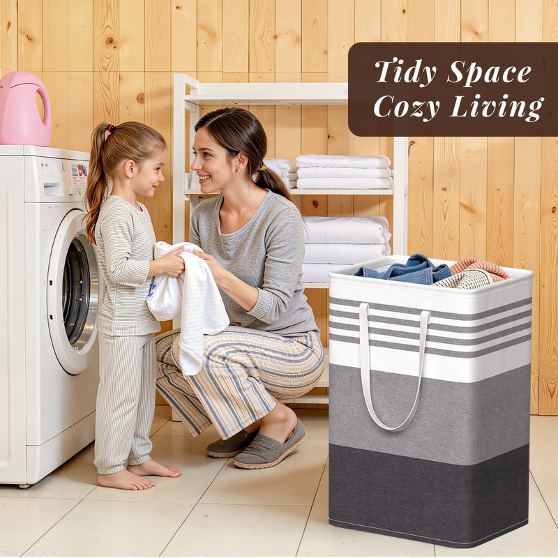 WOWBOX 2 Pack Laundry Baskets, Laundry Hampers, Freestanding Dirty Clothes Hampers with Reinforced Handles & Cross Stitch & Waterproof Coating, for Laundry Bedroom Bathroom Dorm,75L Grey
