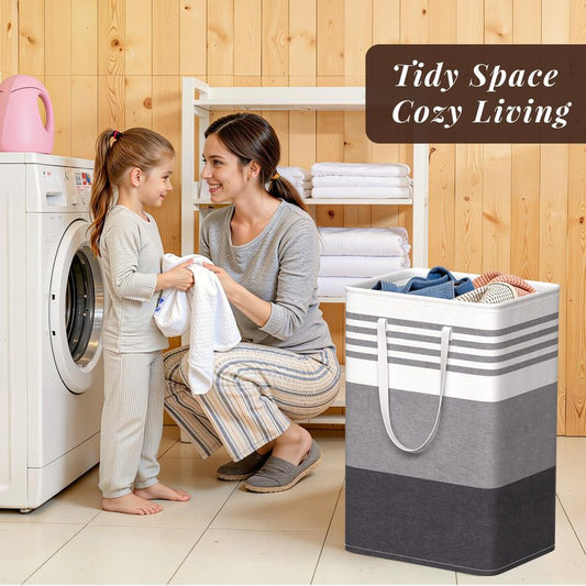 WOWBOX 2 Pack Laundry Baskets, Laundry Hampers, Freestanding Dirty Clothes Hampers with Reinforced Handles & Cross Stitch & Waterproof Coating, for Laundry Bedroom Bathroom Dorm,75L Grey