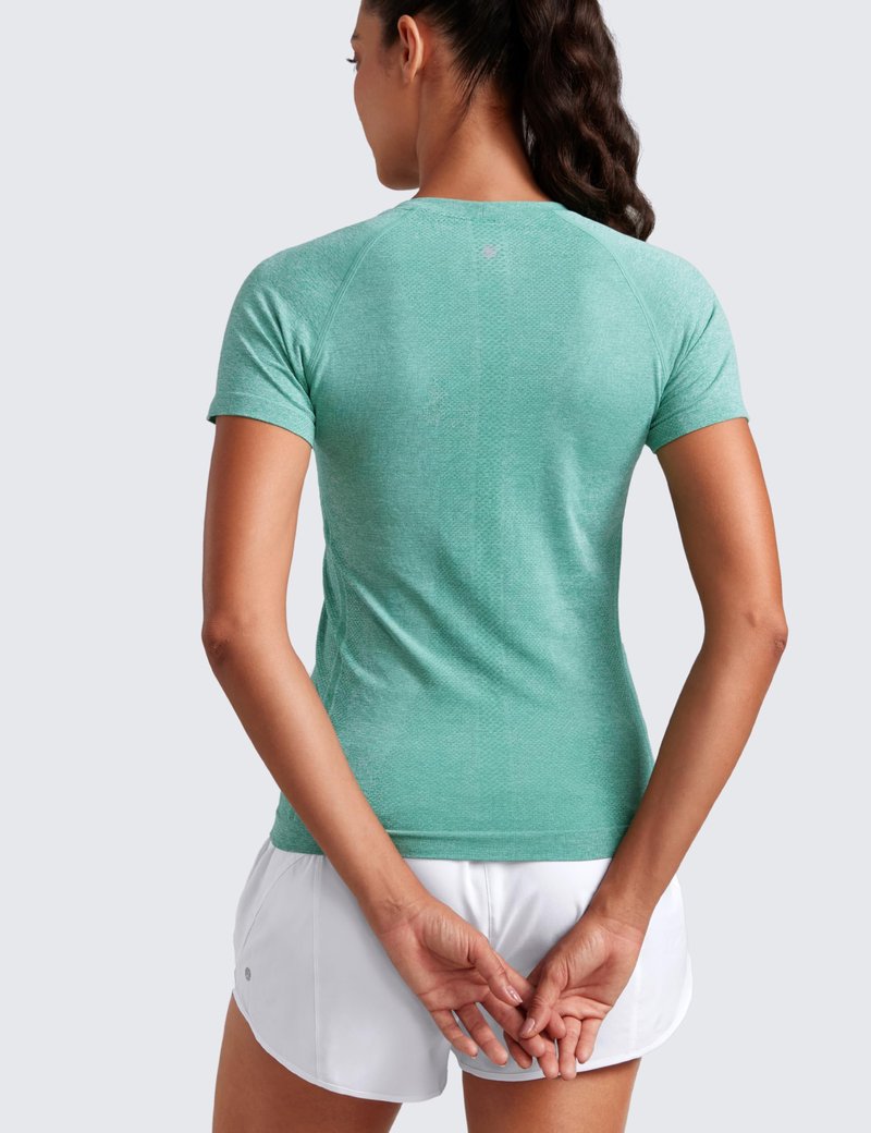 CRZ YOGA Seamless Workout Tops for Women Hip Length - Athletic Running Gym Yoga Short Sleeve Shirts Breathable Crewneck Tees Cascadia Green Heather Medium