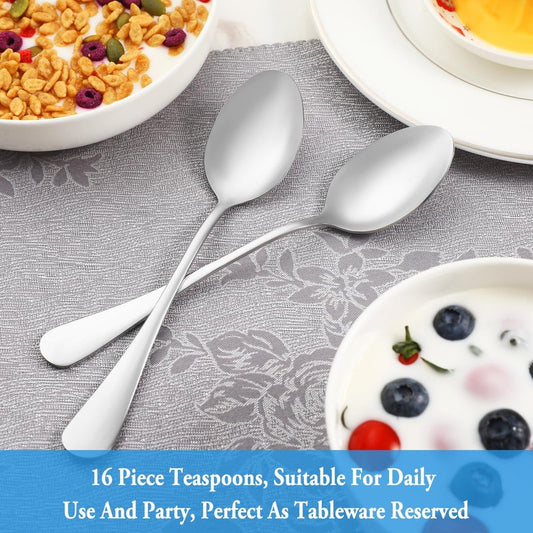 Teaspoon Set,16 Piece 6.7" Spoons Silverware, Premium Food Grade Stainless Steel Tea Spoons, Durable Small Spoon, Good Teaspoons, Kitchen Dessert Spoon Set, Mirror Finish & Dishwasher Safe
