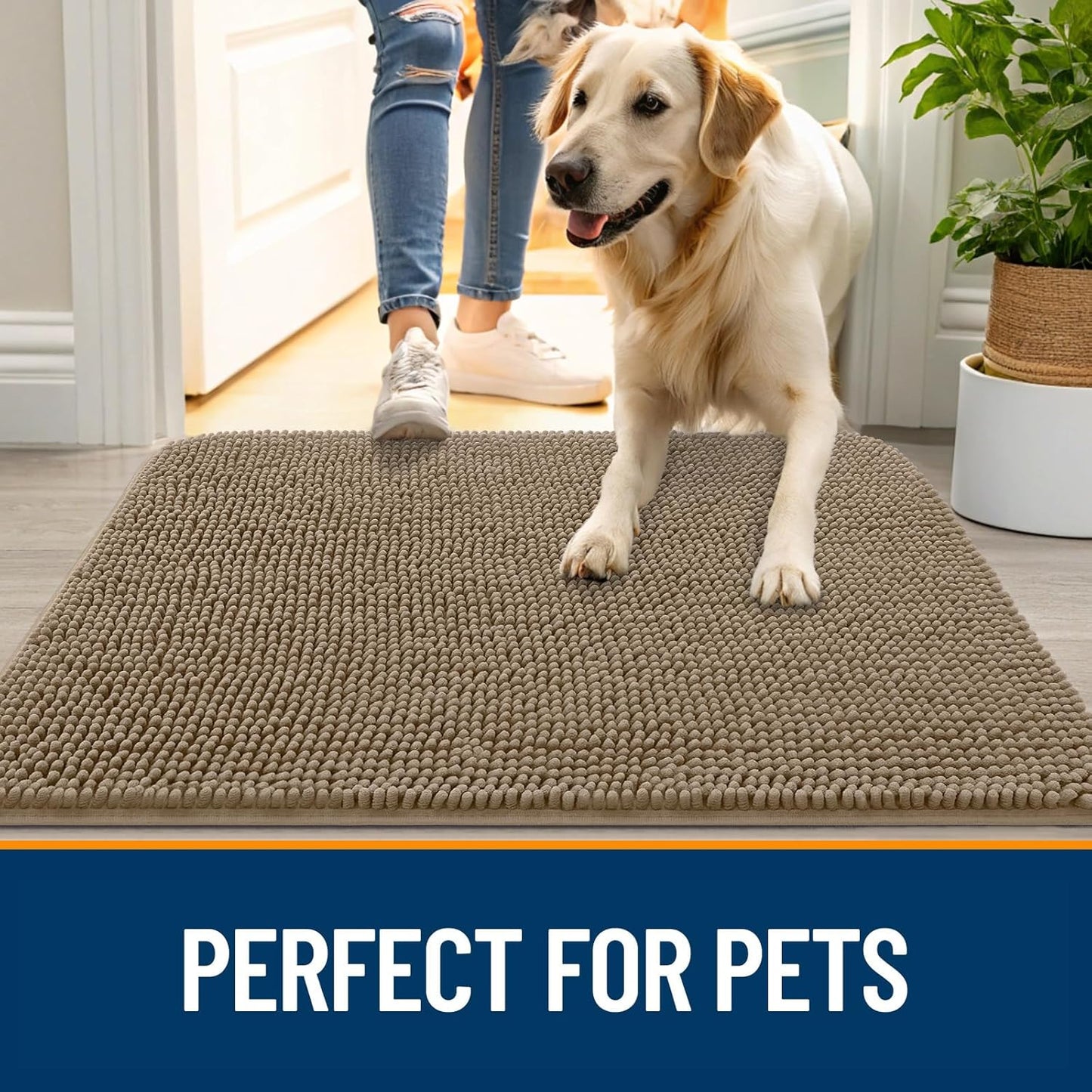 OLANLY Dog Door Mat - Absorbent Non-Slip Chenille Mat for Muddy Paws | 44x24 Tan Indoor Carpet