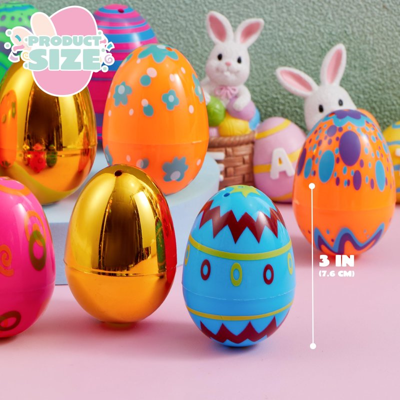 JOYIN 36 Pcs 3.15" Colorful Printed Eggs Include 8 Golden, Plastic Fillable Empty Eggs for Easter Hunt, Basket Stuffer Filler, Classroom Prize, Party Favors