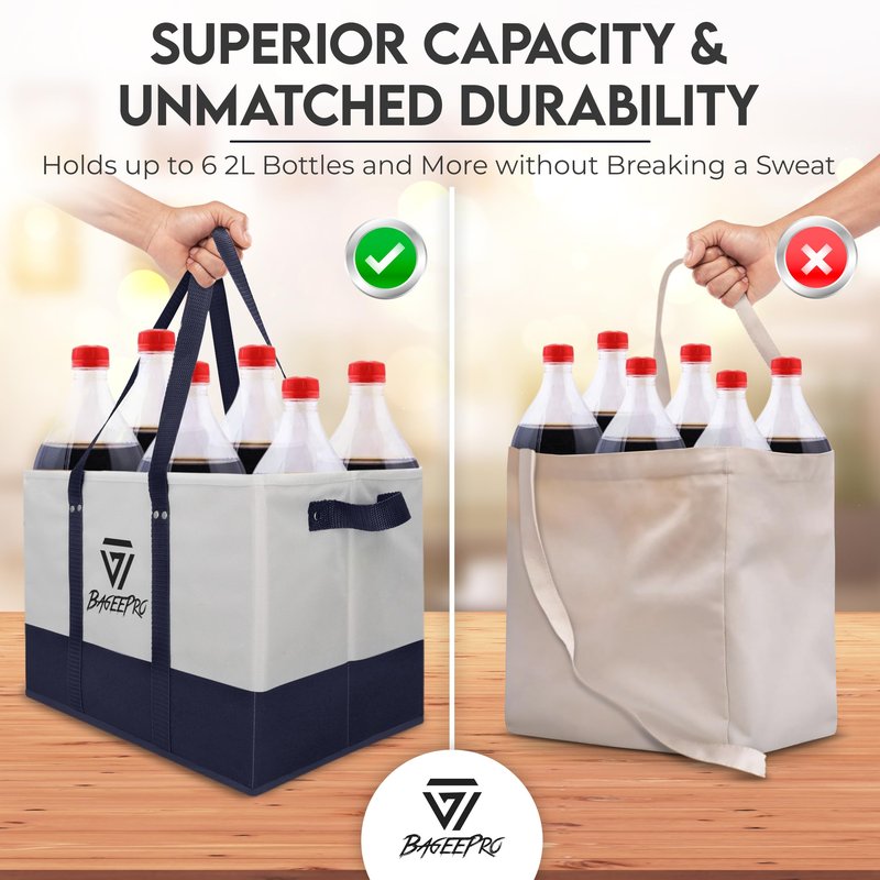 BageePro 2Pack Collapsible Tote Bags | Reusable Grocery Bag | Foldable Heavy Duty Shopping Bags with Handles for Food, Storage, and Groceries | Large Utility Tote Organizer | Navy Blue