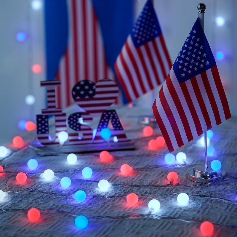 JMEXSUSS Connectable Red White and Blue Lights Indoor Outdoor, 100 LED 33ft 4th of July Decorations Light Plug in, 8 Modes Globe String Lights with Remote for Independence Day Party Patriotic Decor