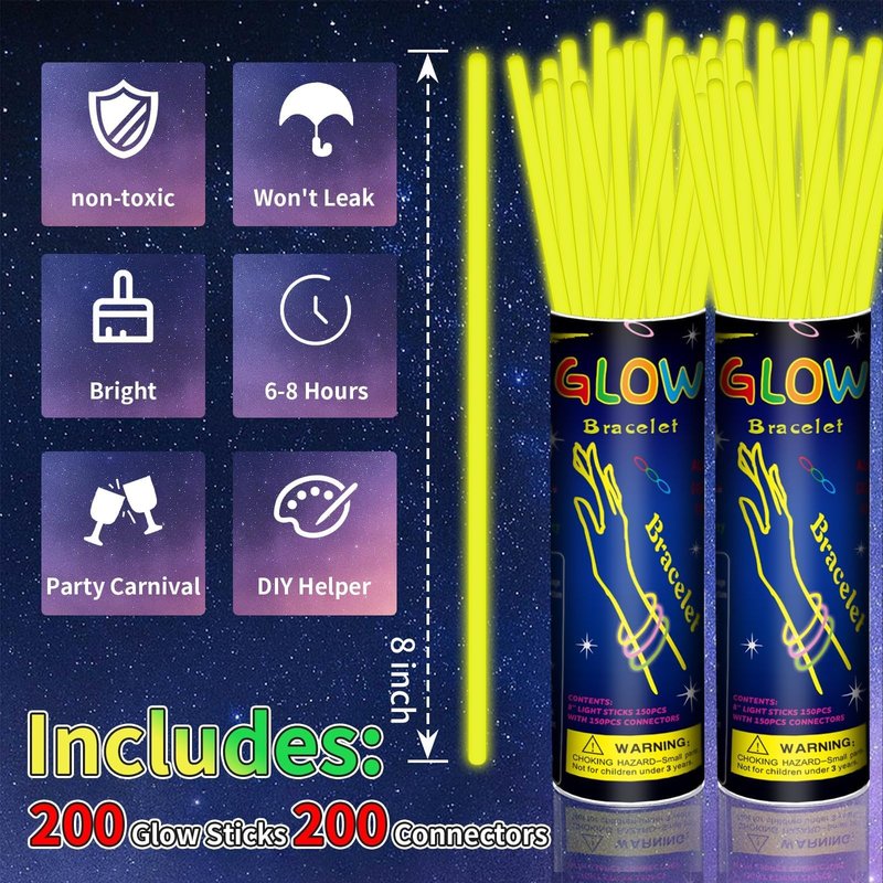 Taikula 200 Pack 8'' Glow Sticks Bulk Party Favors Yellow Light Up Sticks with Connectors Neon Glow in the Dark Party Supplies Bracelets for Holiday Birthday Party Decoration(Yellow)