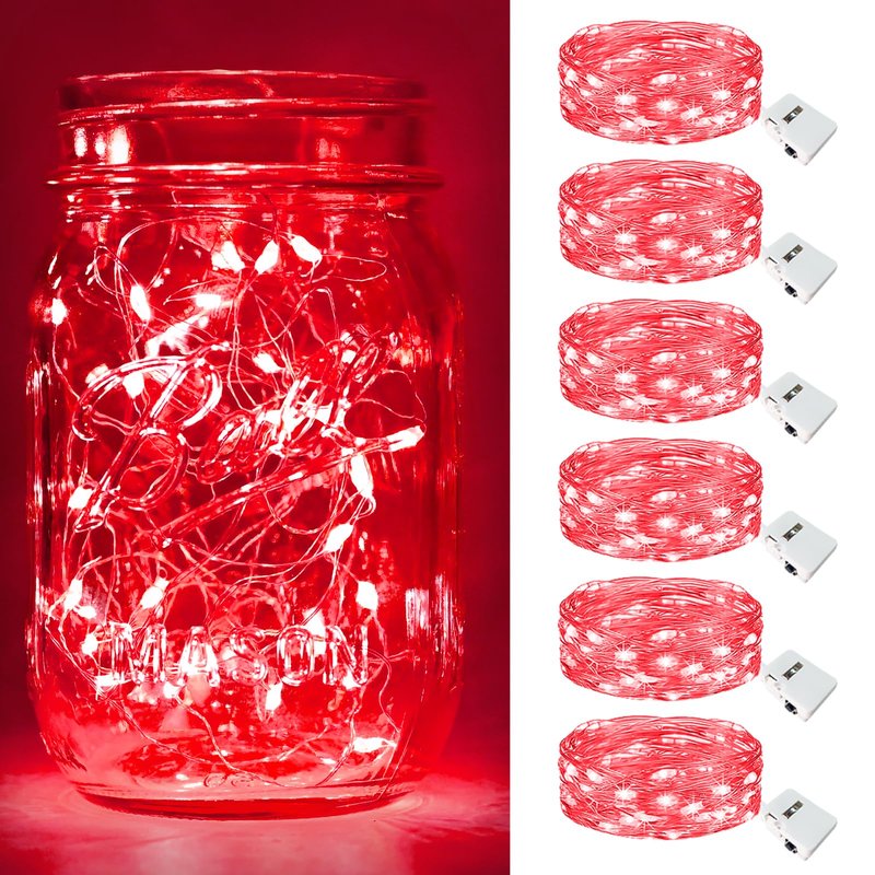 btfarm 6 Pack Fairy Lights Battery Operated [3 Modes], 7ft 20 Led Twinkle Lights String Lights Waterproof Bulk Small Mini Silver Wire for Christmas Mason Jars Wedding Table Centerpiece, Red
