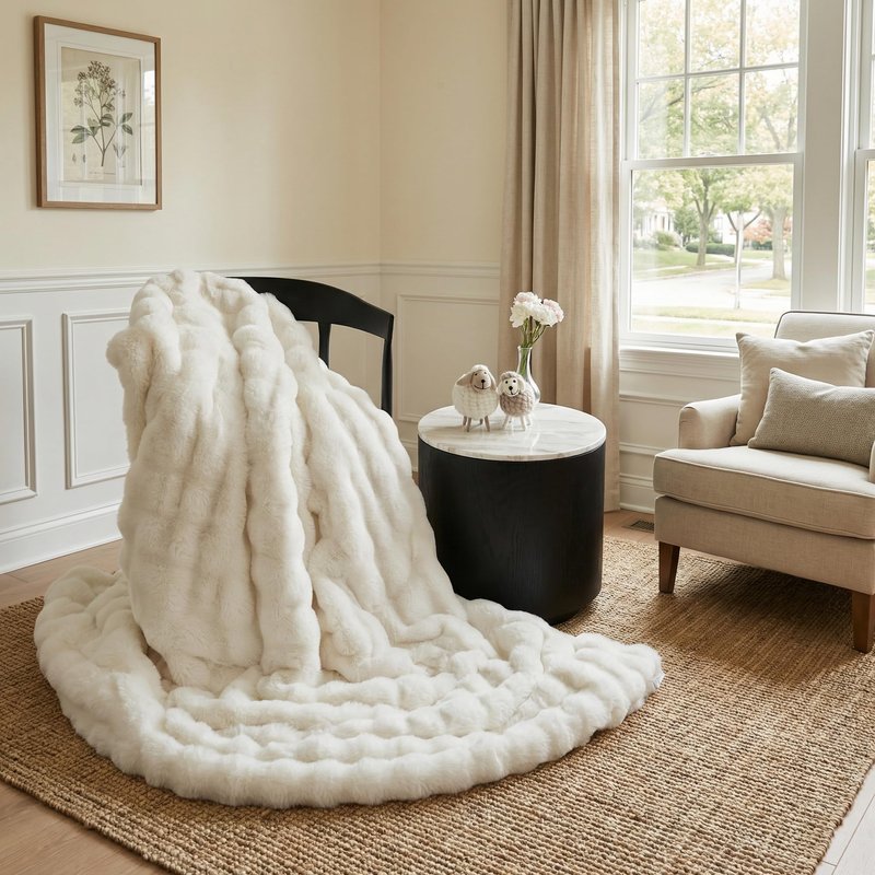 SpottedCozy Bubble Cuddle Twin Blanket for Couch Bed, Faux Fur Ultra Soft Plush Cozy Blanket for Home Bed Office Airplane RV, Machine Washable Easy Care for Women Girls, 60" x 80" Cream White