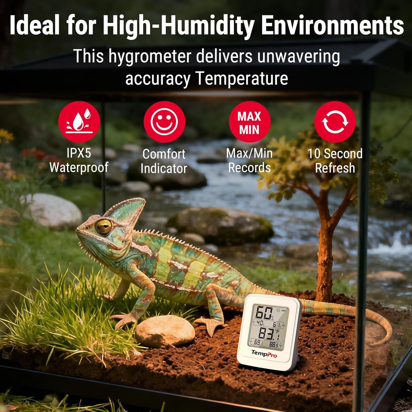 TempPro Greenhouse Thermometer Hygrometer - IPX5 Humidity Resistant Monitor for Indoor Grow Tents & Reptiles