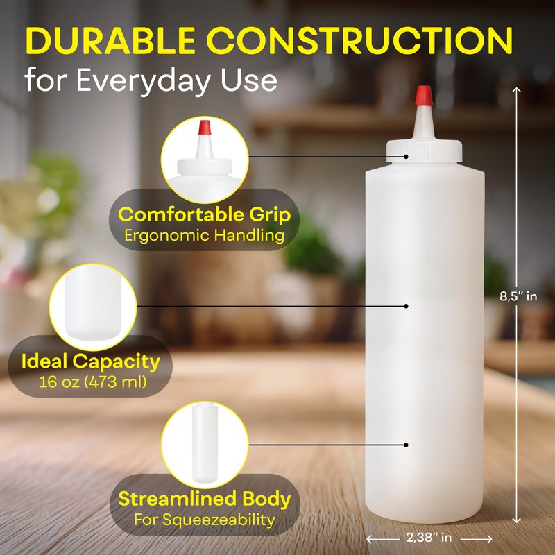 BRIGHTFROM Squeeze Bottles, Leak Proof, Wide Neck, BPA FREE Plastic, 16 OZ 2 PACK, Condiment Empty Squirt Bottle with Red Top Cap - for Ketchup, Mustard, Syrup, Sauces, Dressing, Oil, Arts & Crafts