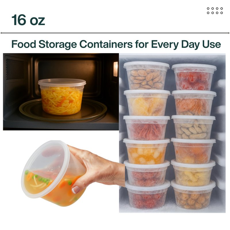 ProTakeOut 16oz [20 set] Heavy Duty Plastic Deli Container | BPA-Free Food Storage with Airtight Leak‑Proof Lids | Microwave, Freezer & Dishwasher Safe – Stackable, Bulk Reusable Soup & Meal Prep Tub