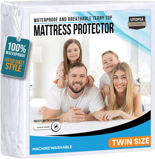 Utopia Bedding Twin Size Mattress Protector - Waterproof Terry Cover with Deep Pockets | Soft & Breathable White