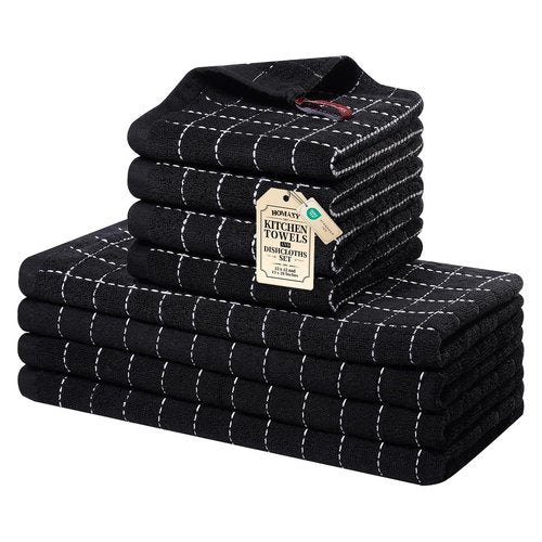 Homaxy Kitchen Towels and Dishcloths Set, 12 x 12 and 13 x 28 Inches, Set of 8 Bulk Cotton Terry Kitchen Towels Set, Checkered Designed, Soft and Super Absorbent Dish Towels, Black
