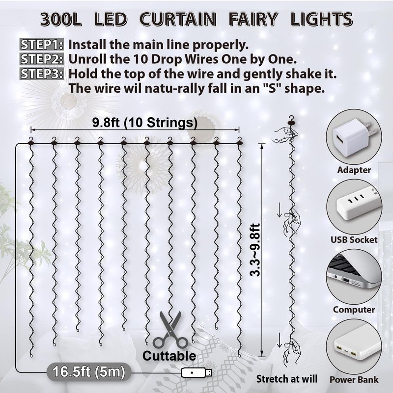 HXWEIYE 300LED Fairy Curtain Lights, 9.8x9.8Ft USB Plug-in 8 Modes Christmas String Hanging Lights with Remote for Bedroom Backdrop Wedding Indoor Wall Decor, White, Standard – 1 Pack