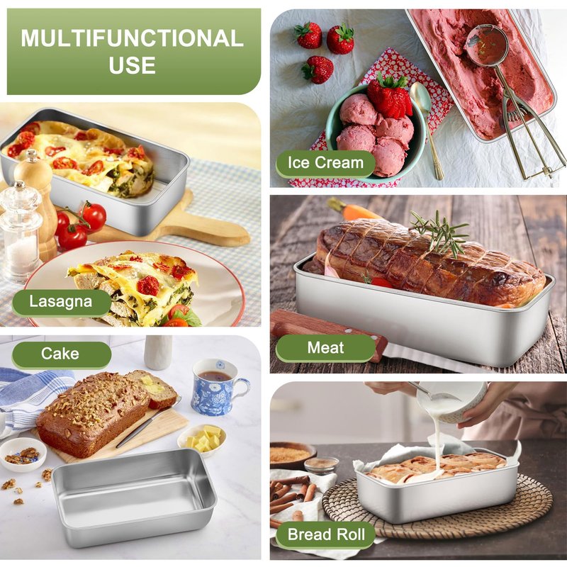 P&P CHEF Loaf Pan Set, 9 x 5 Inch Bread Pans, Stainless Steel Loaf Toast Baking Pans For Bread Meatloaf Lasagna Cake, Healthy & Non Toxic, Oven Safe& Easy Clean, (Silver, 2Pcs)
