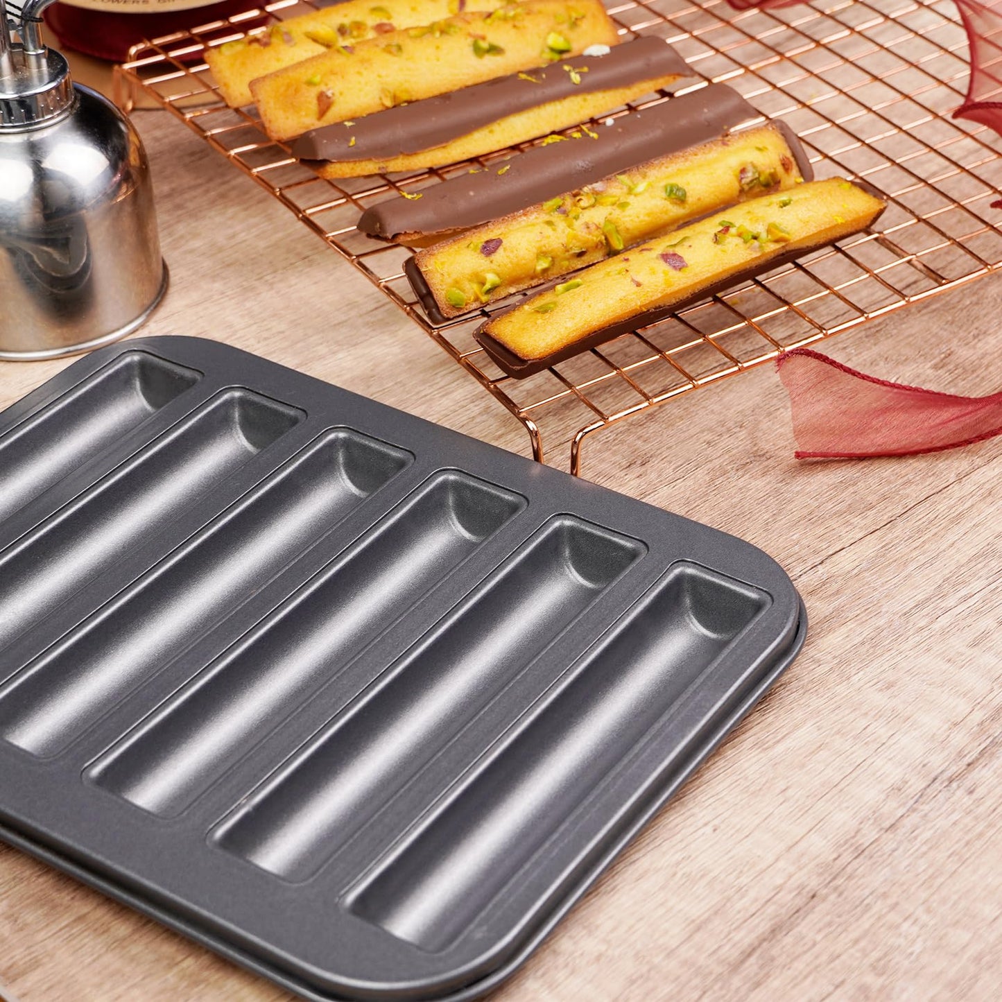 Elesinsoz 6 Cup Financier Cake Baking Pan Breadstick Biscotti Ladyfinger Donut Cookie Cornbread Stick Mini Bread Loaf Baguette Nonstick Small Muffin Cupcake Madeleine Tin Tray Mold