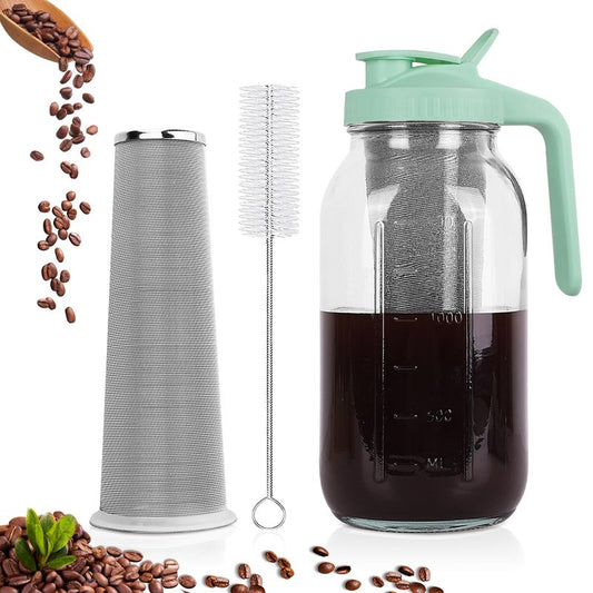 Cold Brew Coffee Maker，64 oz Wide Mouth Mason Jar Pitcher with Stainless Steel Filter, Pour Spout Handle Lid, Heavy Duty Glass Airtight & Leak-Proof for Iced Coffee Tea & Lemonade-Green