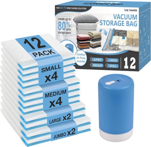Cozy Essential Vacuum Storage Bags - Space Saver with Rechargeable USB Pump | 12 Combo for Clothes, Blankets & Bedding