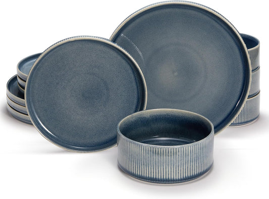Vase and Vessel Ceramic Dinnerware Set - 12-Piece Service for 4 | Ombre Reactive Glaze, Durable Stoneware, Denim