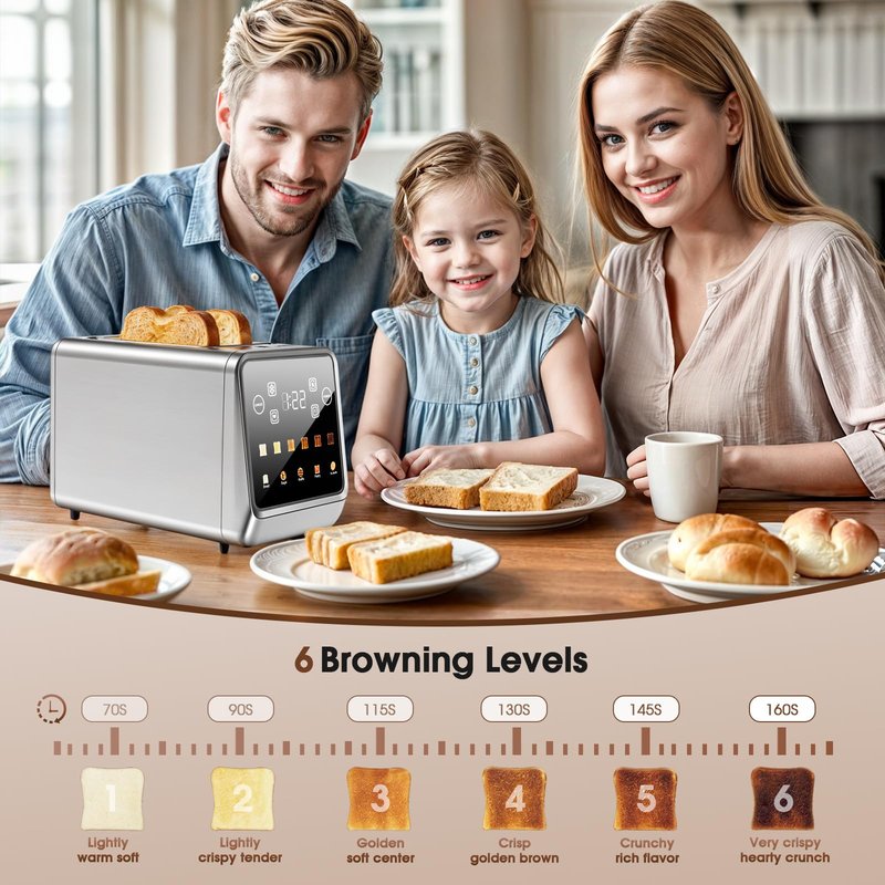 Touch Screen Toaster 2 Slice, Stainless Steel Smart Digital Toasters with Single Slot Toasting, Memory Function, 5 Bread Types & 6 Shade Settings,1.5" Wide Slot, 900W