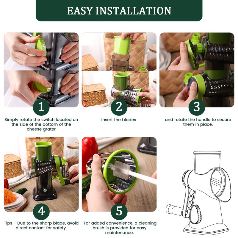 HANSGO Rotary Cheese Grater, 3 Stainless Steel Blades, Labor-Saving Handle, Strong Suction Base, for Cheese, Vegetables, Nuts, Chocolate & Fruits, Ideal for Family Meals, Salads, Pasta & Easy Cleanup