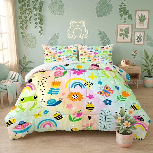FUYEUN Rainbow Comforter Set Queen Size Cartoon Frogs Bedding Sets for Girls Kids Women Boys Flowers Butterfly Bees Snails Insects Cute Kawaii Quilt 1 Comforter + 2 Pillow Cases