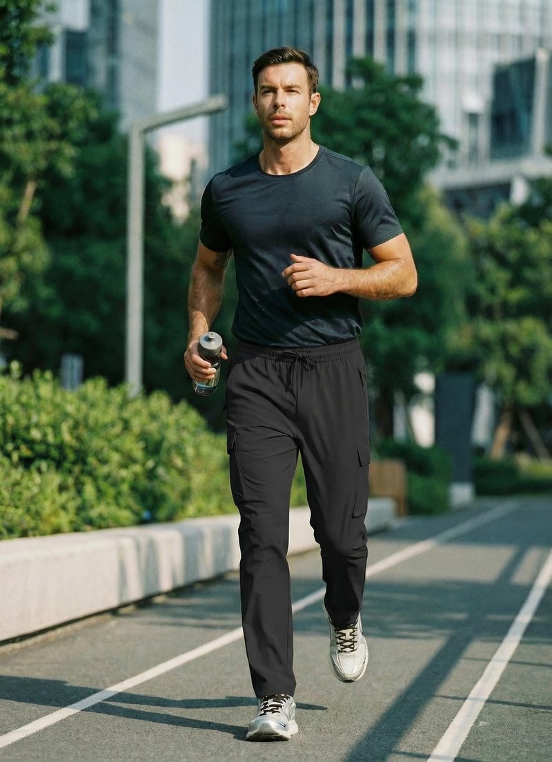 Men's Elastic Waist Hiking Pants Lightweight Quick Dry Cargo Track Pants Water Resistant Travel Outdoor Sweatpants Jogging Athletic Clothes with Zipper Pockets Black L